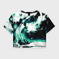 Футболка 3D укороченная женская Чёрно-зелёный абстракция волна, цвет: 3D-принт