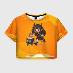 Футболка 3D укороченная женская Девочка дьявол бежит за роллом, цвет: 3D-принт