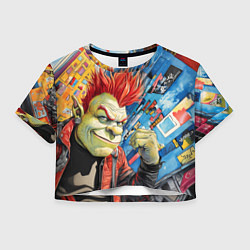 Футболка 3D укороченная женская Панк Шрек на фоне домов, цвет: 3D-принт