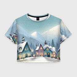 Футболка 3D укороченная женская Новогодние дома, цвет: 3D-принт