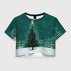 Футболка 3D укороченная женская Новый год в зеленом стиле, цвет: 3D-принт
