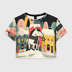 Футболка 3D укороченная женская С наступающем лошадка со звездочкой, цвет: 3D-принт