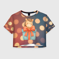 Футболка 3D укороченная женская Новогодняя лошадка в коробочке, цвет: 3D-принт