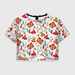 Футболка 3D укороченная женская Новогодний паттерн, цвет: 3D-принт