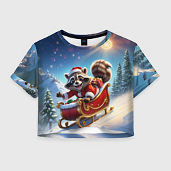 Футболка 3D укороченная женская Енот в санях, цвет: 3D-принт