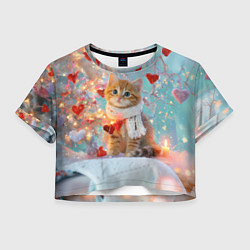 Футболка 3D укороченная женская Рыжий новогодний котенок с сердечком, цвет: 3D-принт