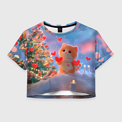 Футболка 3D укороченная женская Рыжий котенок в сердечках у елочки, цвет: 3D-принт