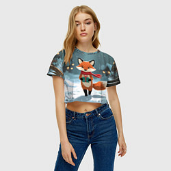 Футболка 3D укороченная женская Лисичка с подарком зимой, цвет: 3D-принт — фото 2