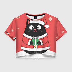 Футболка 3D укороченная женская Новогодний котик с подарком, цвет: 3D-принт