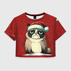 Футболка 3D укороченная женская Грустный Новогодний мем котик, цвет: 3D-принт