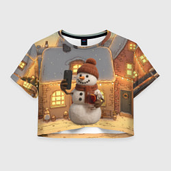Футболка 3D укороченная женская Снеговик с глинтвейном делает селфи, цвет: 3D-принт