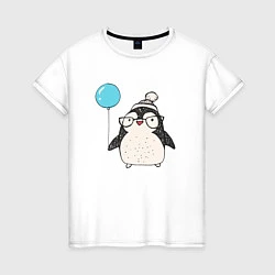 Футболка хлопковая женская Пингвин-мальчик с шариком, цвет: белый