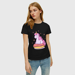 Футболка хлопковая женская Единорог на пончике, цвет: черный — фото 2