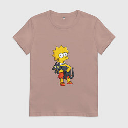 Футболка хлопковая женская Лиза Симпсон и кот, цвет: пыльно-розовый