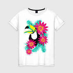 Футболка хлопковая женская Toucan and flowers, цвет: белый