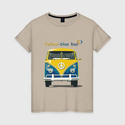 Футболка хлопковая женская Я люблю вас Yellow-blue bus, цвет: миндальный