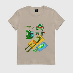Футболка хлопковая женская Лягушки, цвет: миндальный