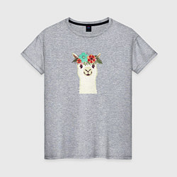Женская футболка Милая лама альпака с цветами