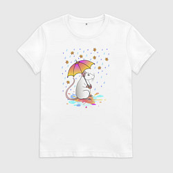 Футболка хлопковая женская Крыса под зонтиком, цвет: белый