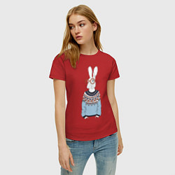 Футболка хлопковая женская Кролик в свитере и очках, цвет: красный — фото 2