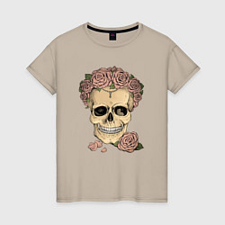 Футболка хлопковая женская Skull Roses, цвет: миндальный