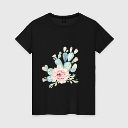 Футболка хлопковая женская Цветущий кактус акварель, цвет: черный