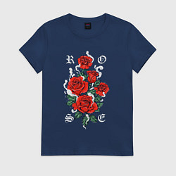 Футболка хлопковая женская РОЗЫ ROSES SMOKE, цвет: тёмно-синий