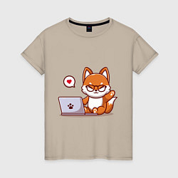 Футболка хлопковая женская Cute fox and laptop, цвет: миндальный