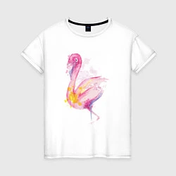 Футболка хлопковая женская Фламинго рисунок акварелью, цвет: белый