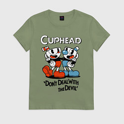 Футболка хлопковая женская Cuphead, Dont deal with devil, цвет: авокадо