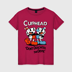 Футболка хлопковая женская Cuphead, Dont deal with devil, цвет: маджента