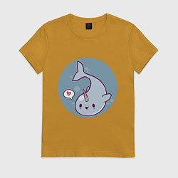 Футболка хлопковая женская Кавайный нарвал, цвет: горчичный