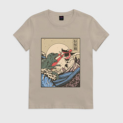 Футболка хлопковая женская Cat Kong versus Godzilla Kaiju, цвет: миндальный