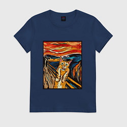 Футболка хлопковая женская Кот пародия на Крик Мунка, цвет: тёмно-синий