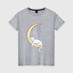 Футболка хлопковая женская Спящий на луне кот, цвет: меланж