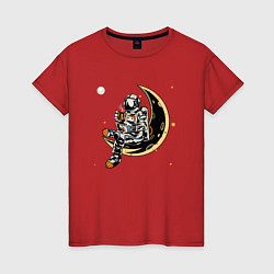 Футболка хлопковая женская Космонавт пьет кофе на луне, цвет: красный
