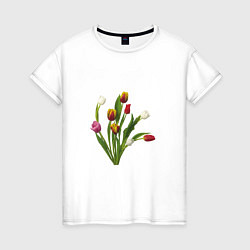 Футболка хлопковая женская Букет разноцветных тюльпанов, цвет: белый