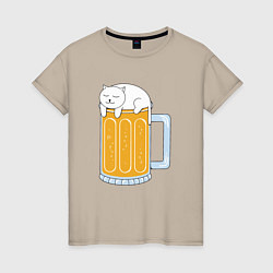 Футболка хлопковая женская Beer Cat, цвет: миндальный