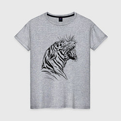 Футболка хлопковая женская Чёрно белый рисунок тигра, цвет: меланж