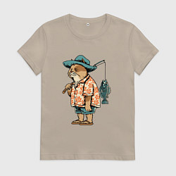 Футболка хлопковая женская Кот рыбак, цвет: миндальный