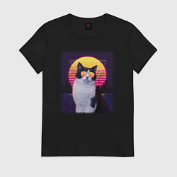 Футболка хлопковая женская Synthwave cat, цвет: черный