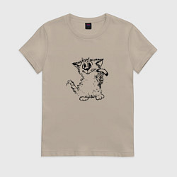 Футболка хлопковая женская Котенок с вилкой и сосиской, цвет: миндальный