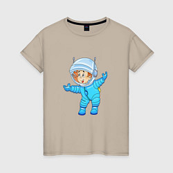 Футболка хлопковая женская Счастливый космонавт, цвет: миндальный