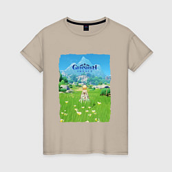 Футболка хлопковая женская Genshin Impact Геншин Импакт Poster, цвет: миндальный