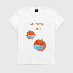 Футболка хлопковая женская Halloween 2021 , тыква в маске и коронавирус, цвет: белый