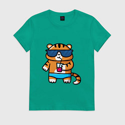Футболка хлопковая женская Веселый тигренок, цвет: зеленый