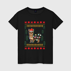 Футболка хлопковая женская Рождественский свитер Йоркшик, цвет: черный