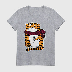 Футболка хлопковая женская Недовольный тигр с бокалом вина, цвет: меланж
