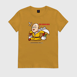 Футболка хлопковая женская Счастливый Сайтама с пакетами продуктов One Punch-, цвет: горчичный