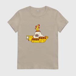 Футболка хлопковая женская The Beatles Yellow Submarine в дудл стиле, цвет: миндальный